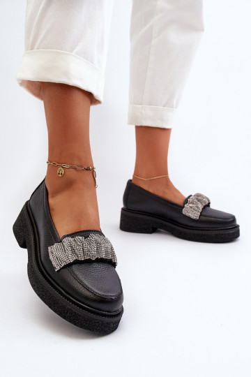Zazoo 3419 Mocasines de cuero para mujer con cinta decorativa en color negro