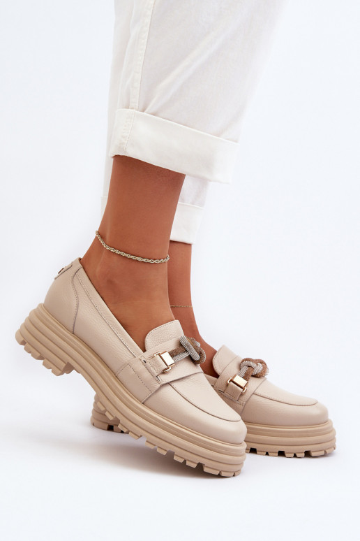Piel mocasines de mujer con adornos Laura Messi 2780 beige Piel mocasines de mujer con adornos Laura Messi 2780 beige
