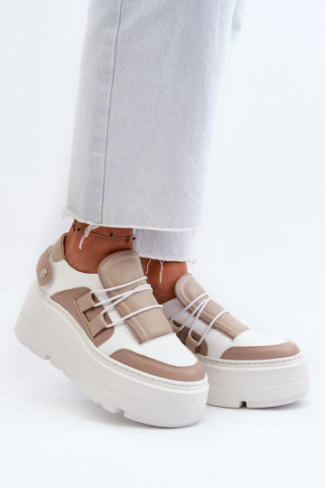 Zapatos deportivos de mujer de cuero Zazoo 1833 con suelas gruesas color arena-blanco