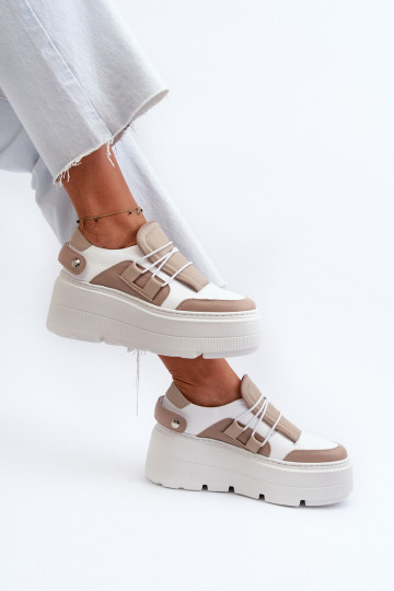 Zapatos deportivos de mujer de cuero Zazoo 1833 con suelas gruesas color arena-blanco 2