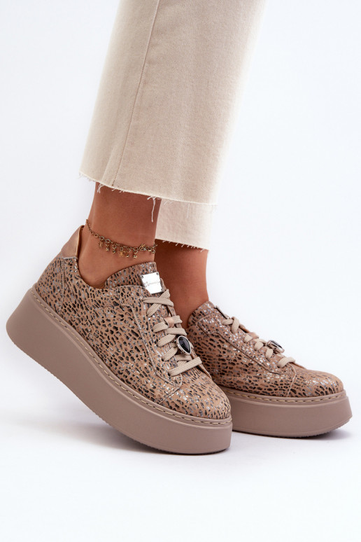 Piel zapatillas con una plataforma Tiene queciejka 06191-10 beige
