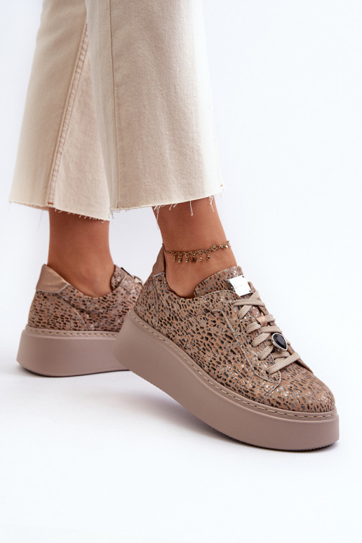 Piel zapatillas con una plataforma Tiene queciejka 06191-10 beige