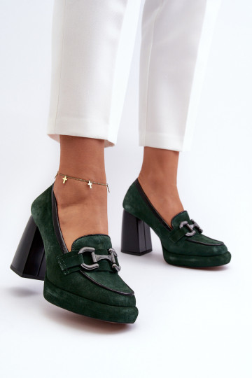 Zapatos de cuero de mujer con tacón grueso Laura Messi 2706 color caqui