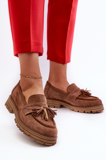 Mocasines de mujer de ante Zazoo 3469 con borlas marrones