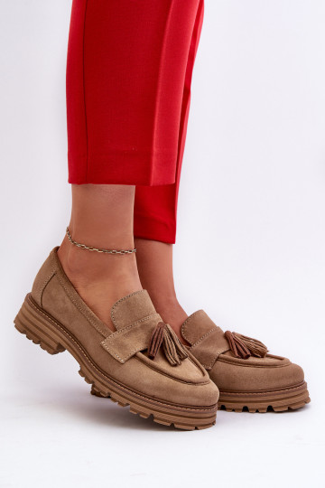 Mocasines de mujer de ante Zazoo 3469 con borlas color arena 2