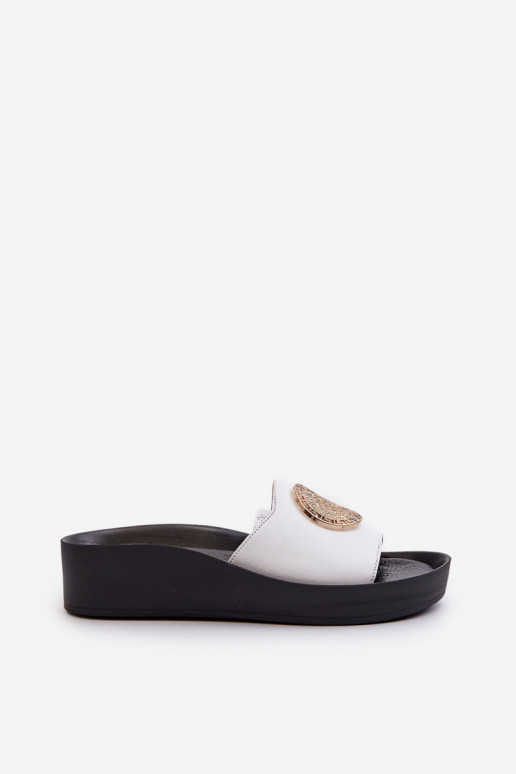 Zazoo 2920 Zapatillas de cuero Femenino en una cuña Ze color doradom Detalem el color blanco Zazoo 2920 Zapatillas de cuero Femenino en una cuña Ze color doradom Detalem el color blanco