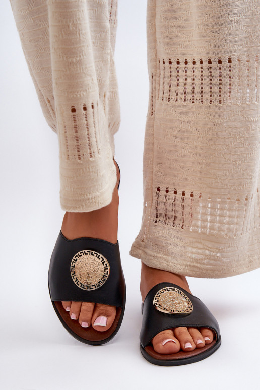 Zazoo 2938 Zapatillas de cuero con tacones anchos con adornos de color negro Zazoo 2938 Zapatillas de cuero con tacones anchos con adornos de color negro