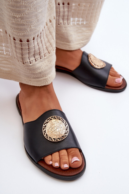 Zazoo 2938 Zapatillas de cuero con tacones anchos con adornos de color negro Zazoo 2938 Zapatillas de cuero con tacones anchos con adornos de color negro