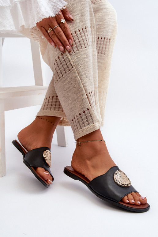 Zazoo 2938 Zapatillas de cuero con tacones anchos con adornos de color negro Zazoo 2938 Zapatillas de cuero con tacones anchos con adornos de color negro