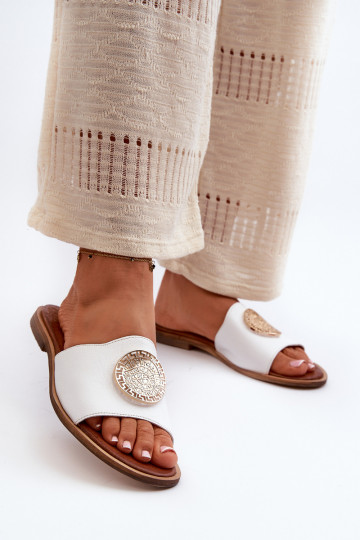 Zazoo 2938 pantuflas de cuero con tacones anchos y adornos color blanco