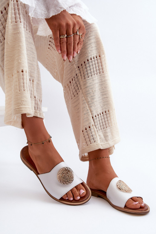 Zazoo 2938 Zapatillas de cuero con tacones anchos con adornos el color blanco Zazoo 2938 Zapatillas de cuero con tacones anchos con adornos el color blanco