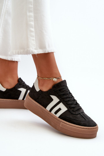 Zazoo N1095S2 zapatillas deportivas de cuero para mujeres con plataforma color negro