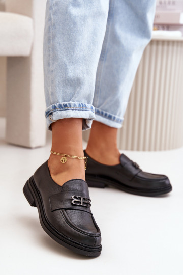 Zapatos de cuero de estilo elegante para mujer con tacones anchos color negro Zazoo 20174