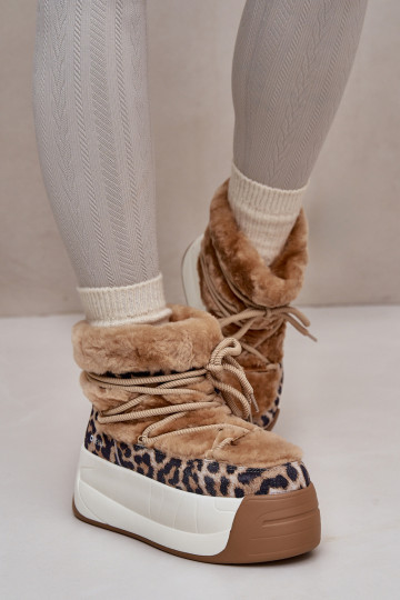 Botas de nieve de cuero para mujer con suela gruesa, forro de piel y estampado de leopardo Big Star OO274A208 color marrón