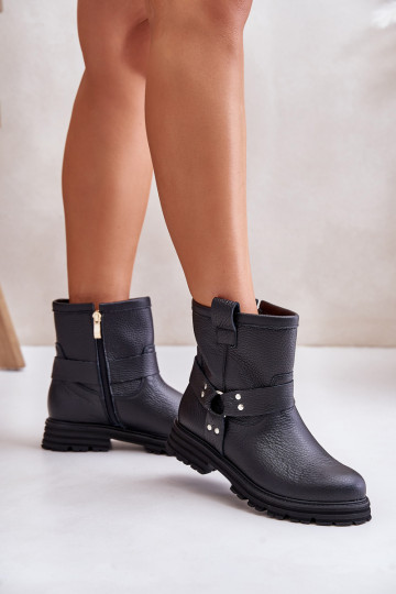 Botines de piel para mujer con tacones anchos LeĮskis 3610 color negro