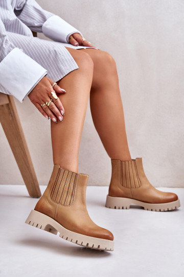 Botines de mujer de cuero con tacones anchos color marrón LeĮskis 3611