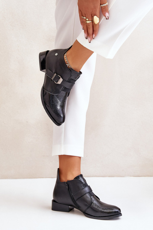 Piel Bajo Botas Al castillo Tiene queciejka 06692-01 de color negro Piel Bajo Botas Al castillo Tiene queciejka 06692-01 de color negro