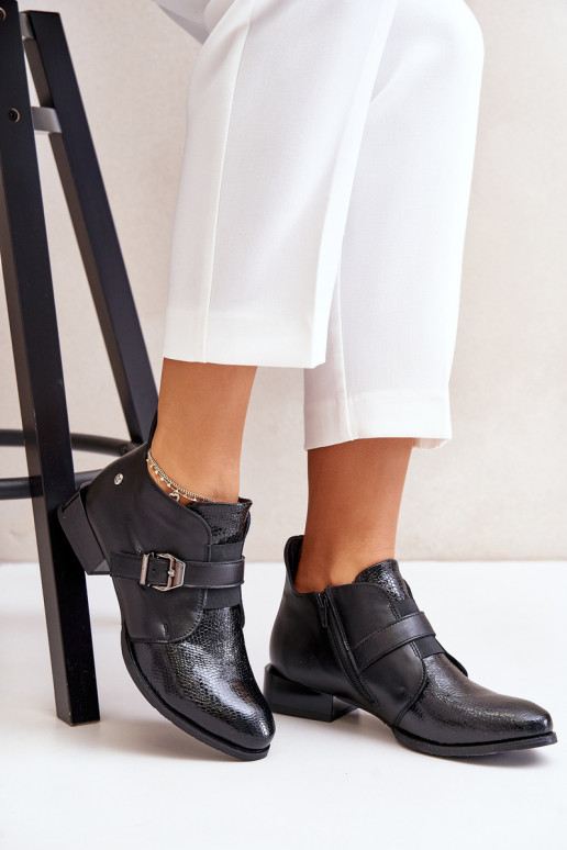 Piel Bajo Botas Al castillo Tiene queciejka 06692-01 de color negro Piel Bajo Botas Al castillo Tiene queciejka 06692-01 de color negro