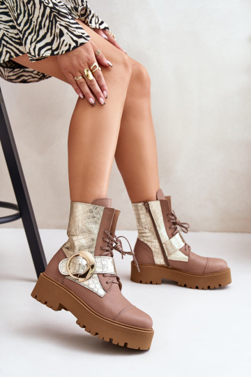 Zazoo 2942 Piel botines de trabajo con hebillas doradas beige