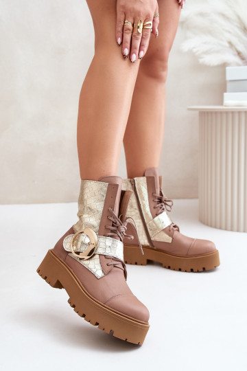 Botas de trabajo de cuero con hebillas doradas color arena Zazoo 2942 2