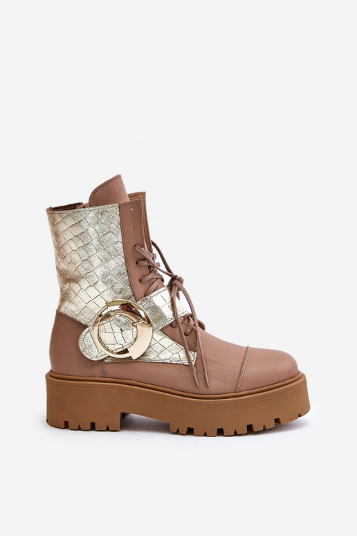 Zazoo 2942 Piel botines de trabajo con hebillas doradas beige Zazoo 2942 Piel botines de trabajo con hebillas doradas beige