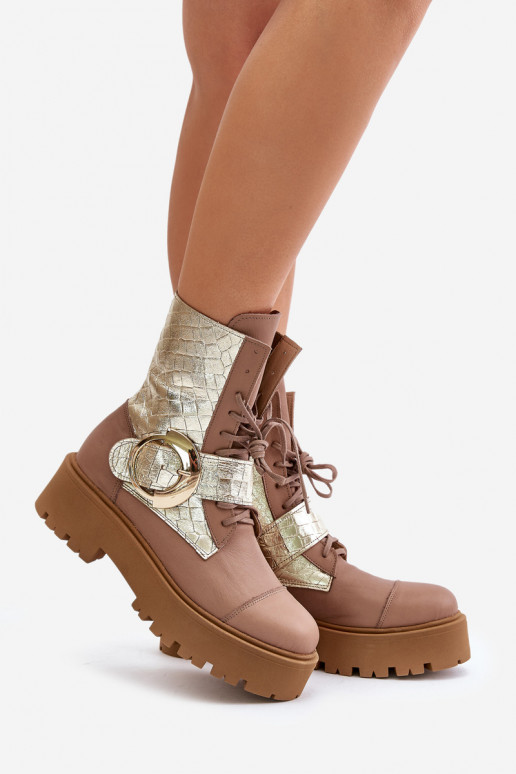 Zazoo 2942 Piel botines de trabajo con hebillas doradas beige Zazoo 2942 Piel botines de trabajo con hebillas doradas beige