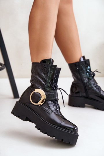 Zazoo 2942 Piel botines de trabajo con hebillas doradas de color negro