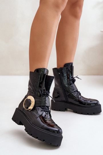 Botas de trabajo de cuero con hebillas doradas color negro Zazoo 2942 2