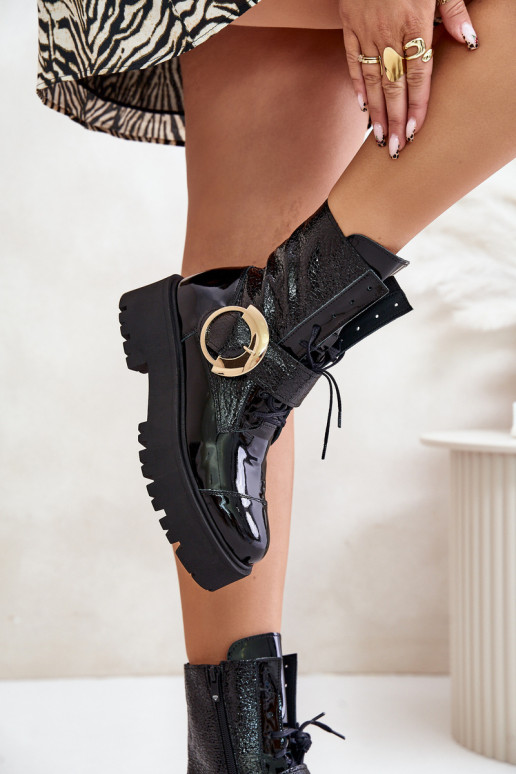 Zazoo 2942 Piel botines de trabajo con hebillas doradas de color negro Zazoo 2942 Piel botines de trabajo con hebillas doradas de color negro