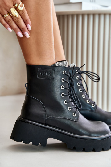 Botines de trabajo de cuero cálidos para mujer con ojales brillantes GOE OO2N4125, color negro