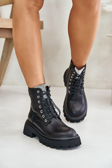 Botines de trabajo de cuero cálidos para mujer con ojales brillantes GOE OO2N4125, color negro 2