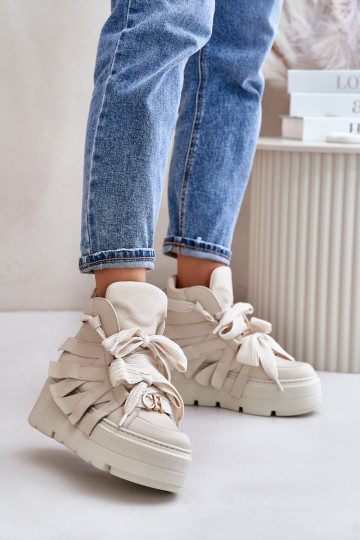 Zapatos deportivos de cuero para mujer con plataforma CheBello 4561 color arena 2