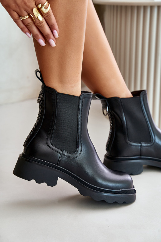 Piel botas con estilo Con una cadena decorativa calentamiento D&A JC42-86 de color negro