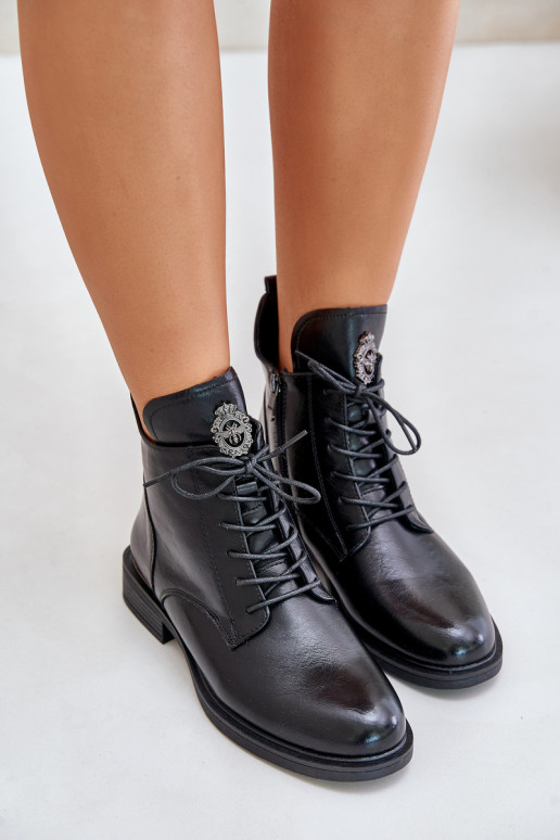 calentamiento Botas con tacones anchos con adornos de color negro Leonise calentamiento Botas con tacones anchos con adornos de color negro Leonise