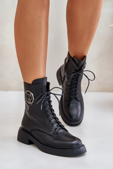 Botines de cuero cálidos con cordones, cremallera y adornos Lorevine color negro 2