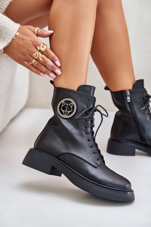 Piel Botas cálidas con cordones Al castillo con adornos de color negro Lorevine