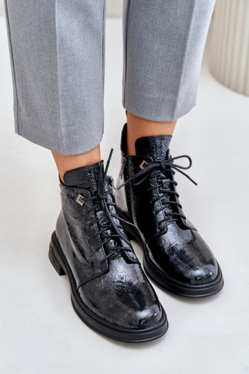 Piel con efecto barniz Botas de mujer calentamiento Al castillo D&A LZ42-042 Negro y-color gris