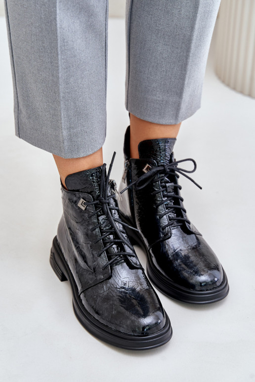 Piel con efecto barniz Botas de mujer calentamiento Al castillo D&A LZ42-042 Negro y-color gris