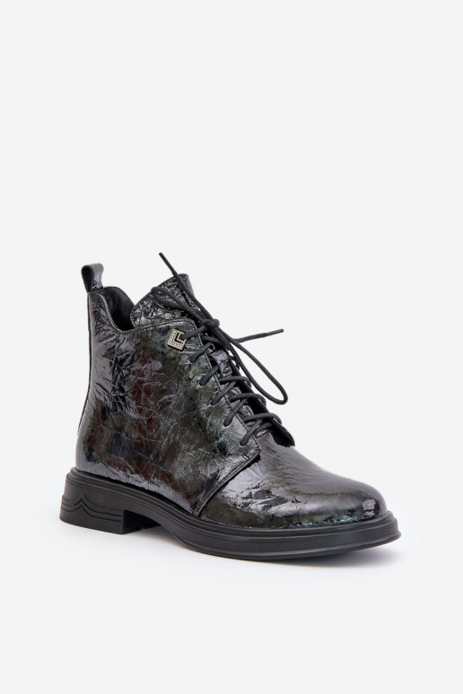 Piel con efecto barniz Botas de mujer calentamiento Al castillo D&A LZ42-042 Negro y-color gris