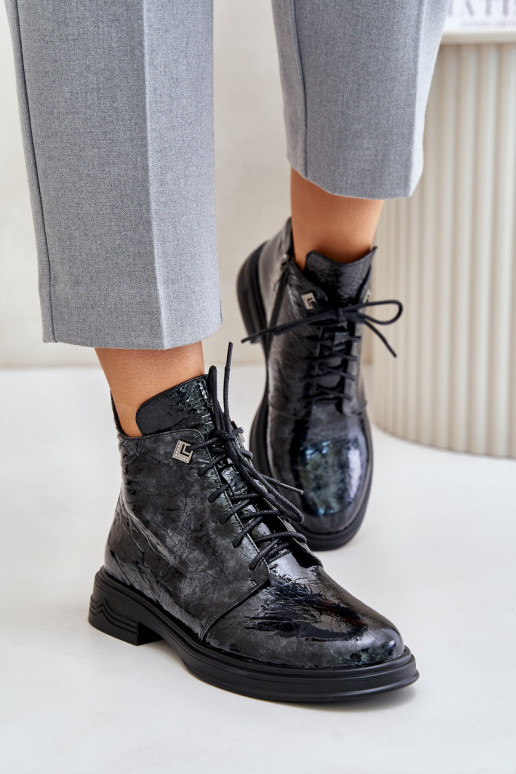 Piel con efecto barniz Botas de mujer calentamiento Al castillo D&A LZ42-042 Negro y-color gris