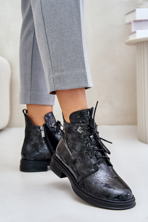 Piel con efecto barniz Botas de mujer calentamiento Al castillo D&A LZ42-042 Negro y-color gris