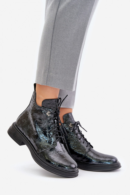 Piel con efecto barniz Botas de mujer calentamiento Al castillo D&A LZ42-042 Negro y-color gris