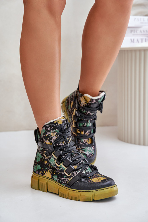 Piel isósceles Botas con cordones Tiene queciejka 06158-07 amarillo --de color negro Piel isósceles Botas con cordones Tiene queciejka 06158-07 amarillo --de color negro