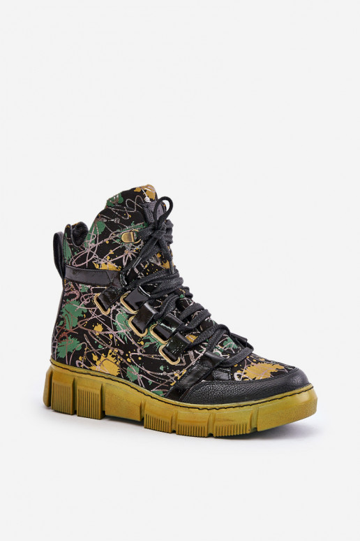 Piel isósceles Botas con cordones Tiene queciejka 06158-07 amarillo --de color negro Piel isósceles Botas con cordones Tiene queciejka 06158-07 amarillo --de color negro