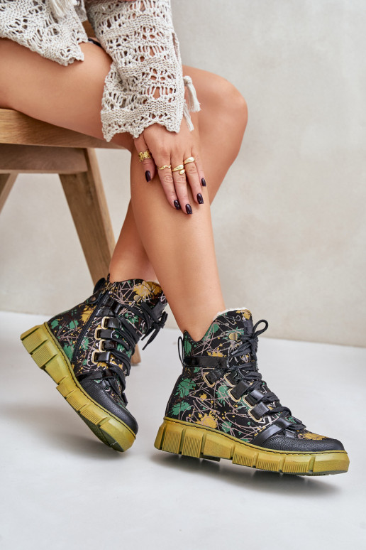 Piel isósceles Botas con cordones Tiene queciejka 06158-07 amarillo --de color negro Piel isósceles Botas con cordones Tiene queciejka 06158-07 amarillo --de color negro