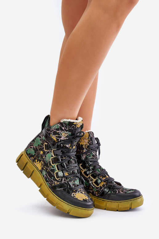 Piel isósceles Botas con cordones Tiene queciejka 06158-07 amarillo --de color negro Piel isósceles Botas con cordones Tiene queciejka 06158-07 amarillo --de color negro