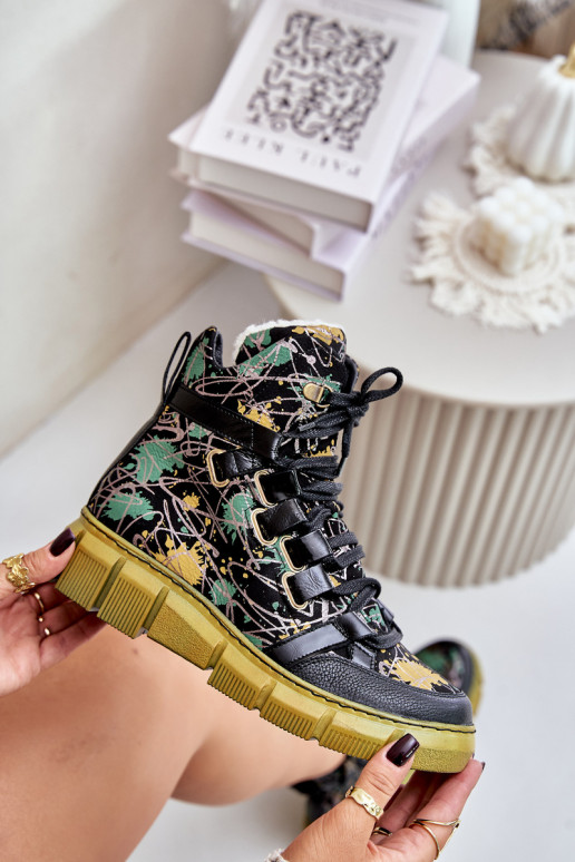 Piel isósceles Botas con cordones Tiene queciejka 06158-07 amarillo --de color negro Piel isósceles Botas con cordones Tiene queciejka 06158-07 amarillo --de color negro