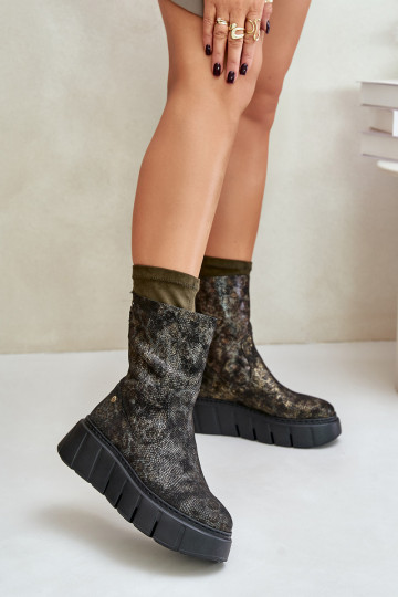 Botines de cuero para mujer con plataforma Tai Turiciejka 06766-09, color caqui 2