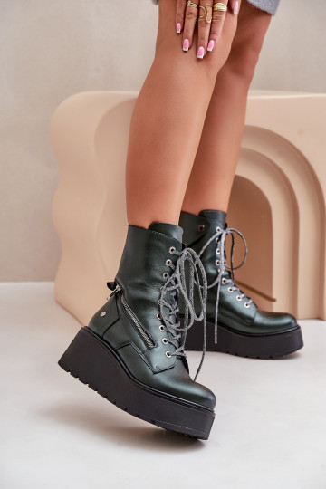 Piel botines de trabajo con una plataforma I Koturnie Tiene queciejka 06676-09 color verde 2