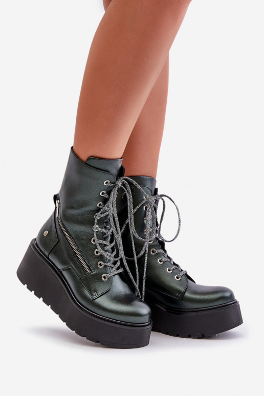 Piel botines de trabajo con una plataforma I Koturnie Tiene queciejka 06676-09 color verde